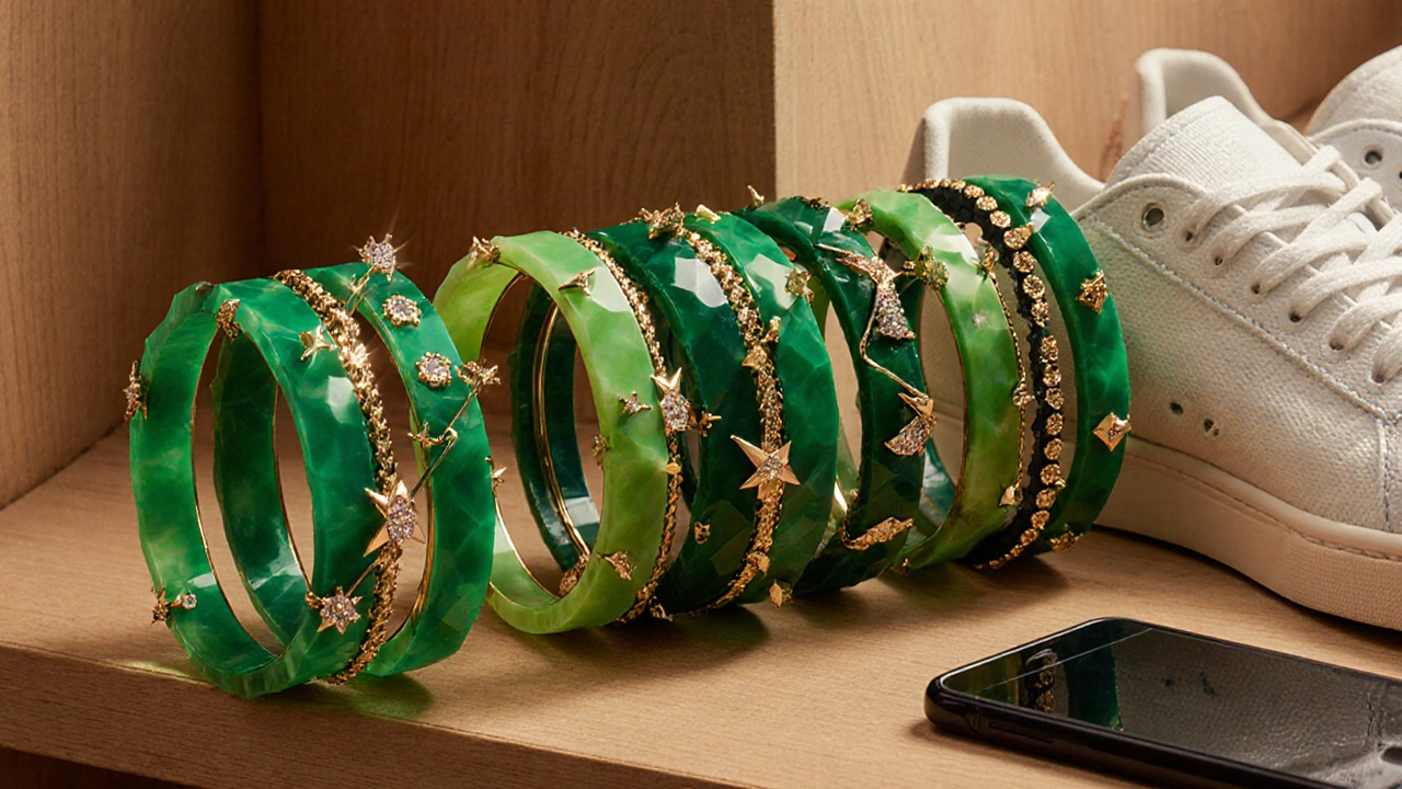 Modern green bangles in various materials displayed on a wooden shelf.