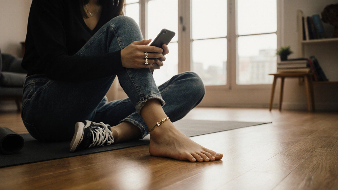 Modern woman wearing delicate gold toe rings with jeans and sneakers in a sunlit apartment.