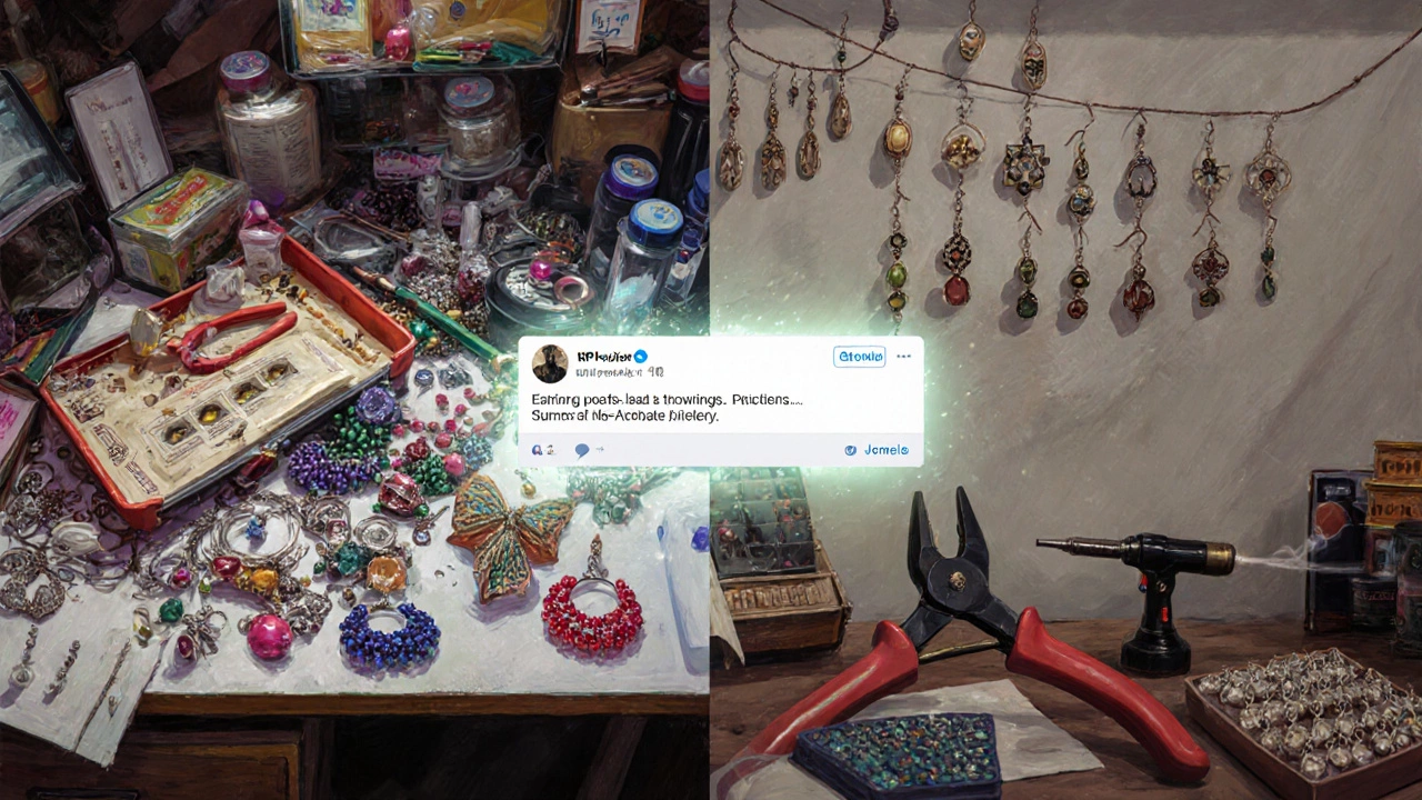 Split image: chaotic beginner jewelry kit on one side, professional studio with bulk supplies on the other.