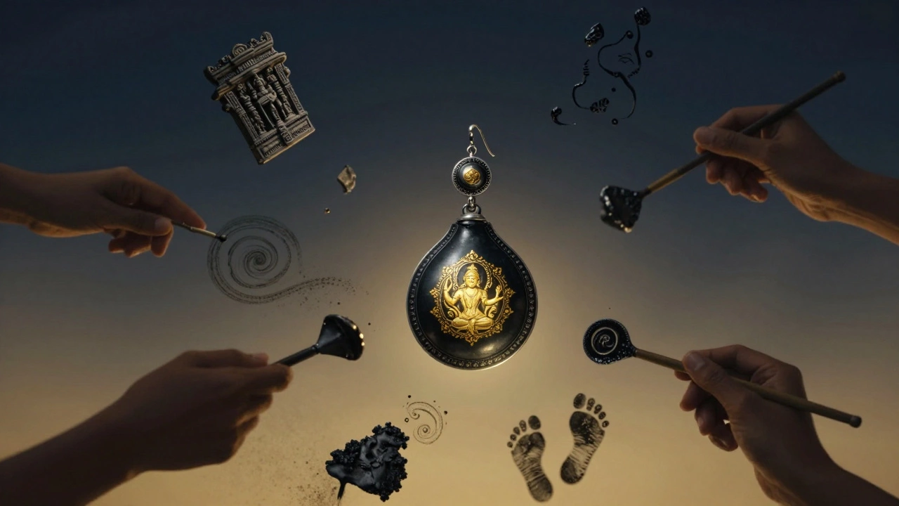 A blackened silver earring floating amid cultural symbols of Kerala’s temple art heritage.