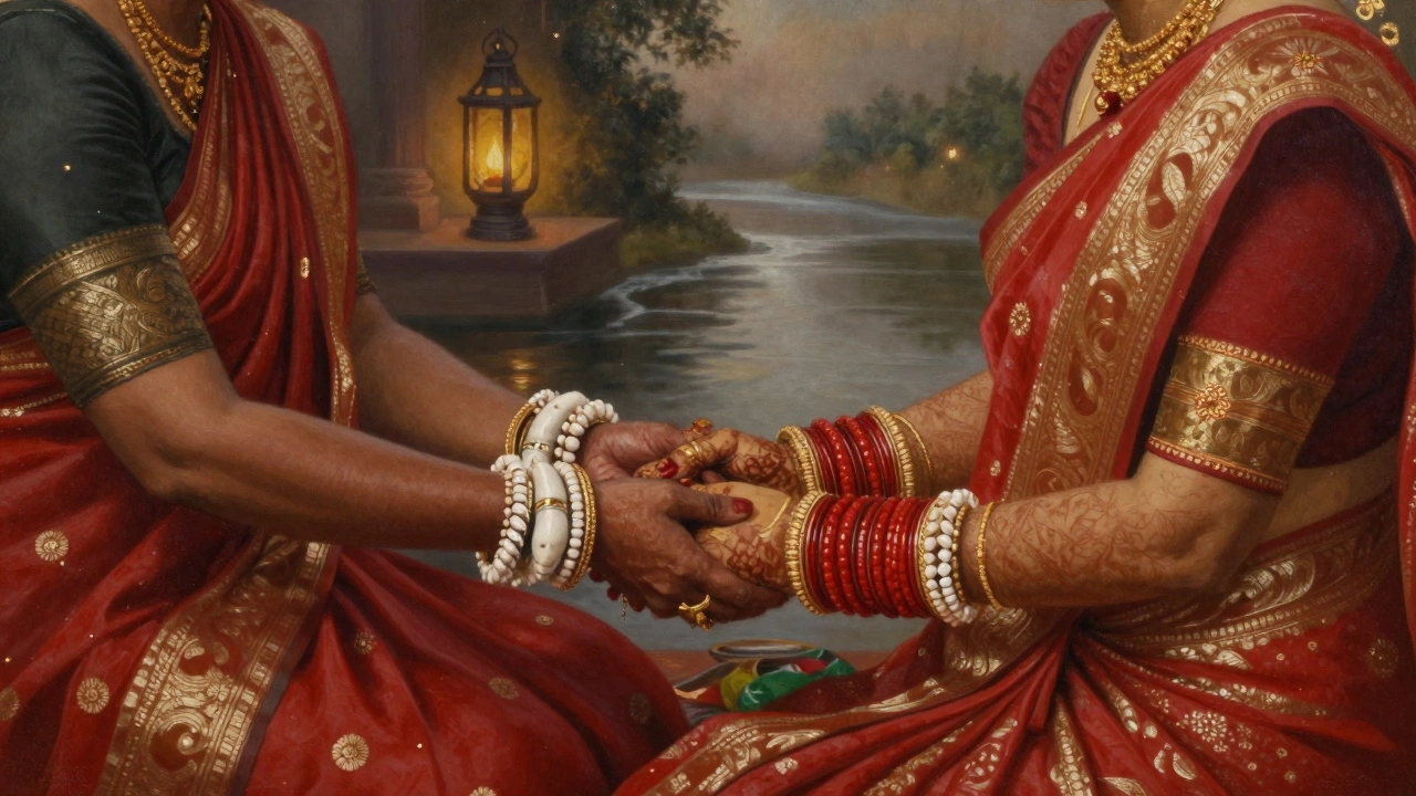 A bride with two traditional white and red bangles being gently placed on her wrists by her mother-in-law.