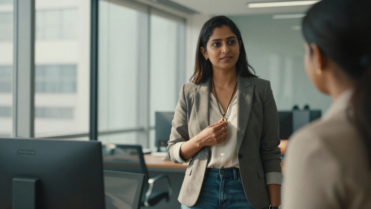 A modern Indian woman in business attire wearing a contemporary mangalsutra at work.