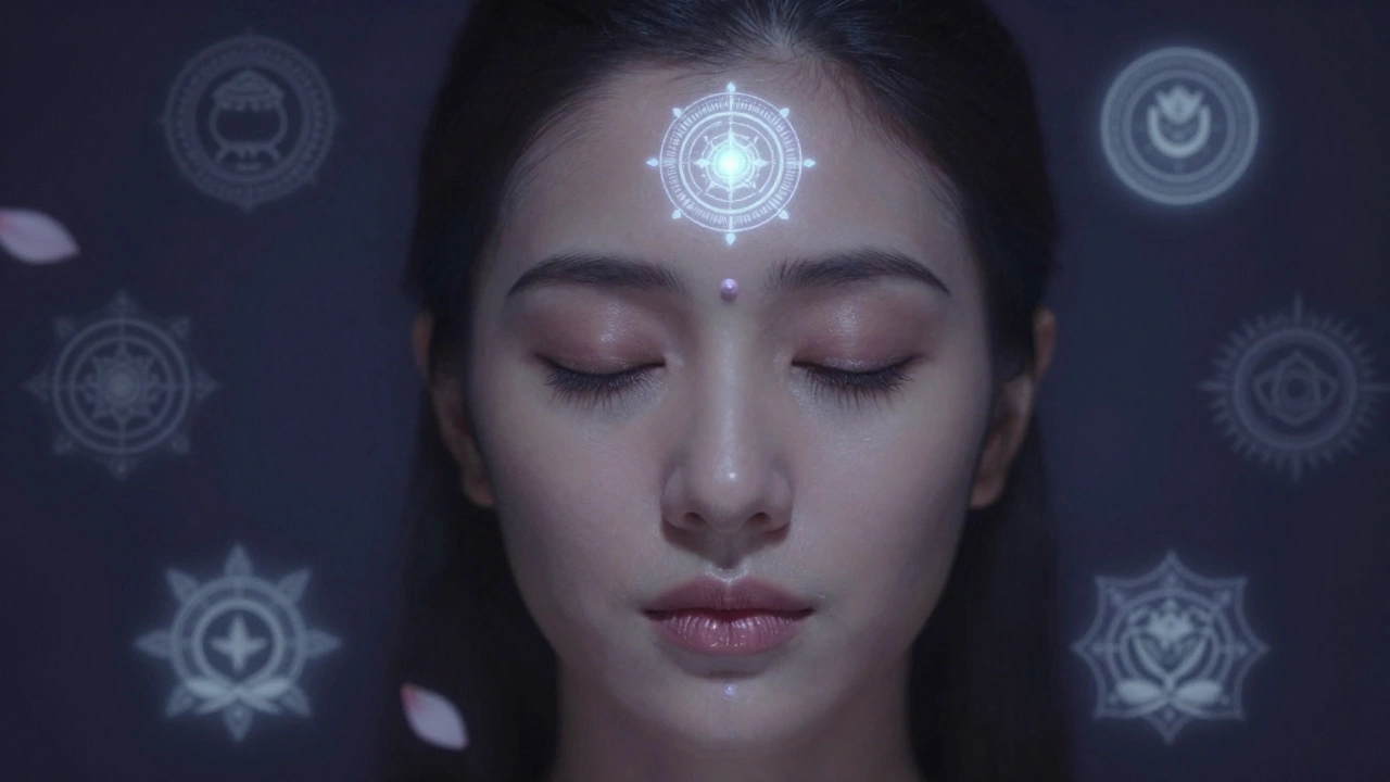 A woman meditating with a holographic bindi, surrounded by abstract spiritual symbols.
