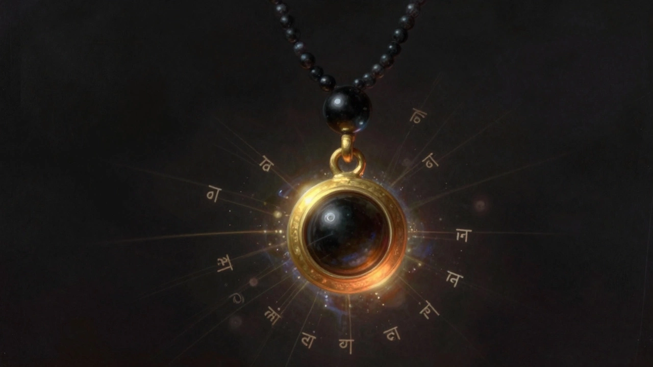 Abstract representation of a mangalsutra pendant with spiritual energy lines and Sanskrit symbols.