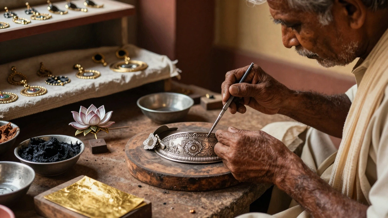 Artisan handcrafting temple jewelry in a sunlit courtyard using traditional chisels and silver sheets.