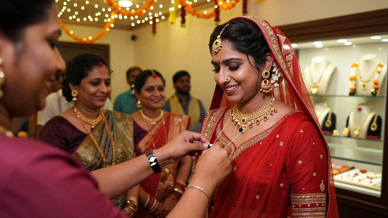 Bride in red lehenga adjusting a modern mangalsutra at a reception