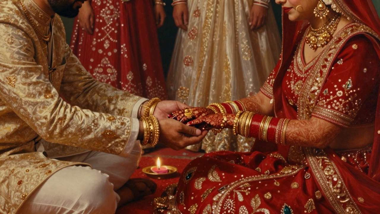 Bride receiving a gold kada on her left wrist during a traditional Indian wedding ceremony.