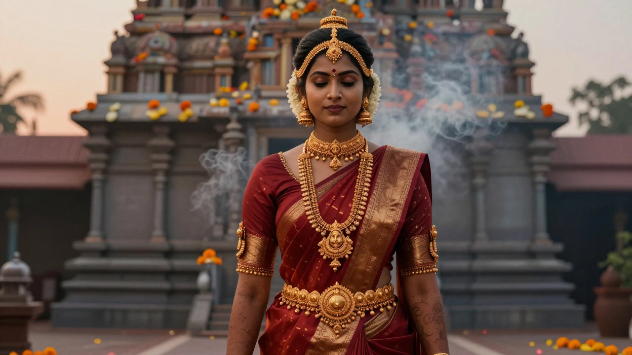 Bride wearing heavy Chettinad gold temple jewelry with divine motifs before a temple gopuram.