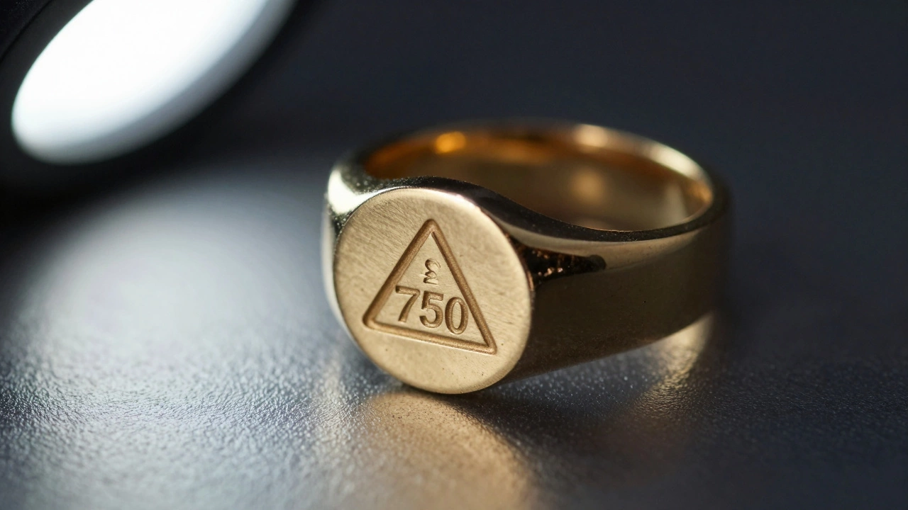 Close-up of a BIS hallmark stamp with &#039;750&#039; on the inside of a gold ring, showing fine engraving details.
