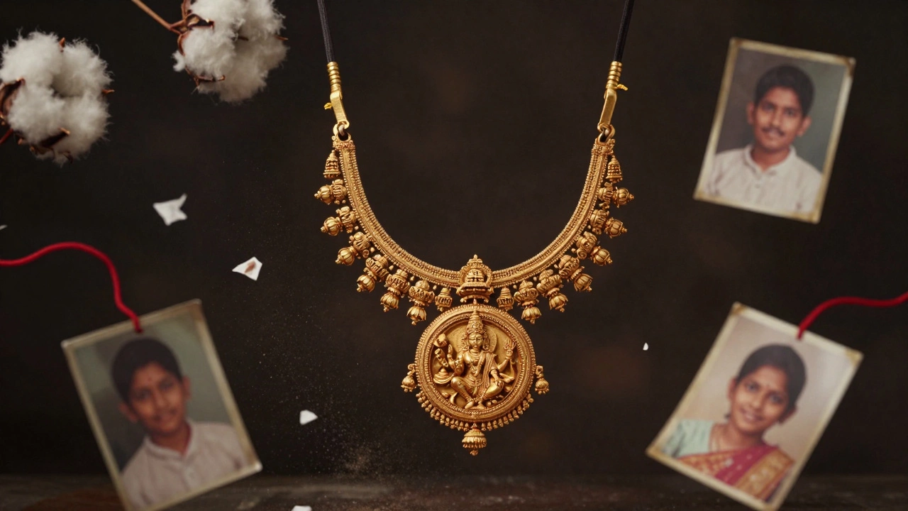 Floating Chettinad necklace with sacred carvings surrounded by cotton cloth and family photos.