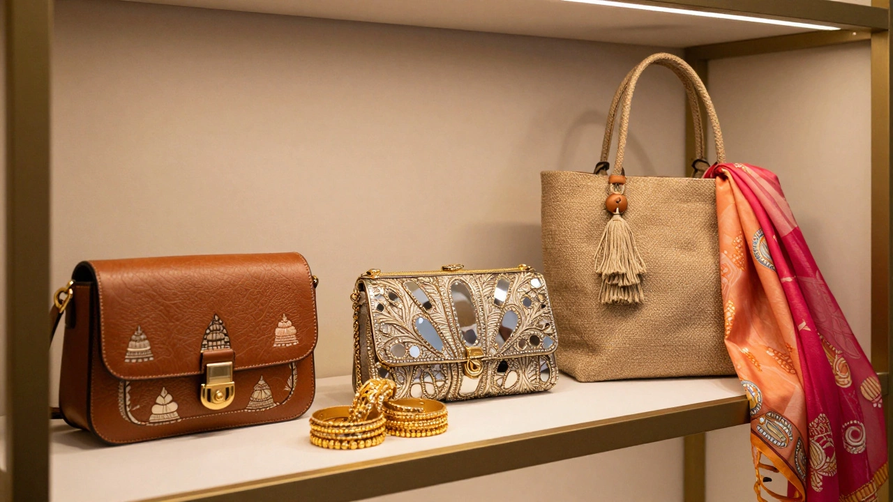 Handbags displayed alongside jewelry and scarves in a Mumbai boutique, categorized as fashion accessories.