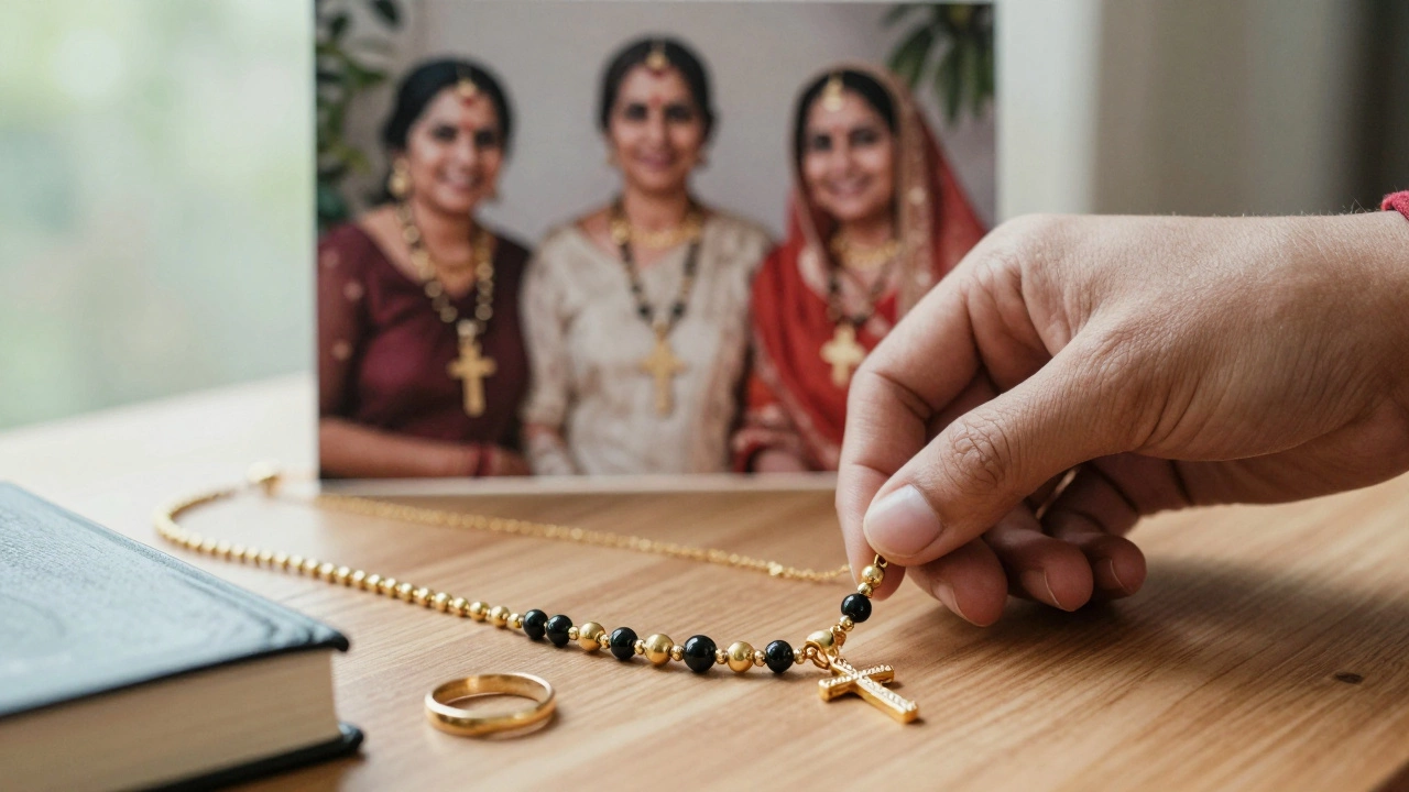 Mangalsutra with cross pendant placed beside a wedding ring and Bible