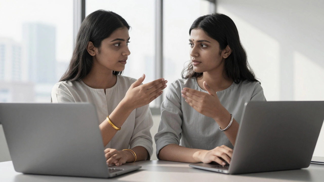 Modern Indian woman wearing a gold and steel kada on opposite wrists in an office setting.