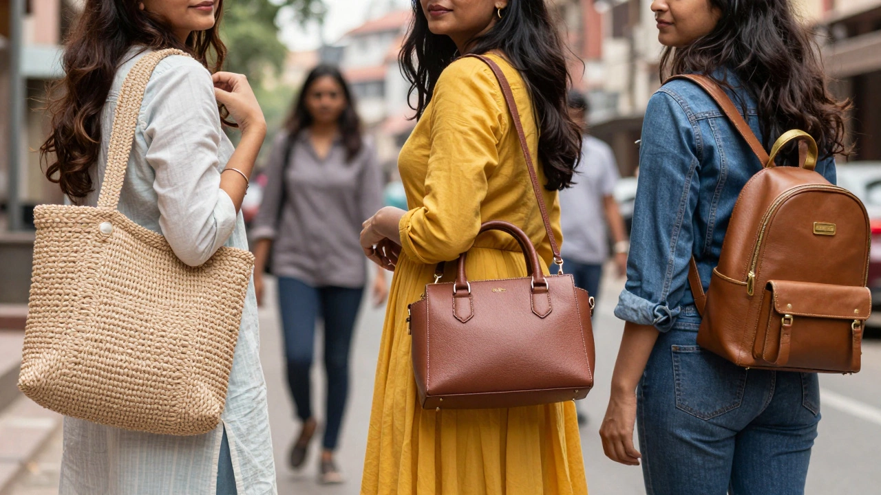Three Indian women in urban settings each carrying handbags that perfectly match their outfits.
