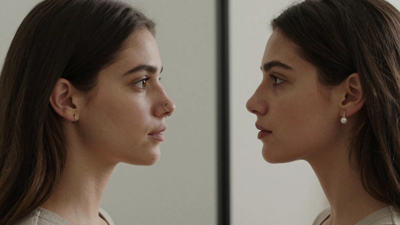 Two women showing different nose pin styles, side by side, emphasizing facial proportion.