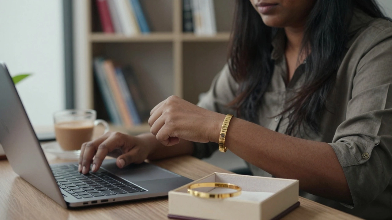 Woman removing an 18k gold bracelet at her office desk, with a 22k bangle in a jewelry box nearby.