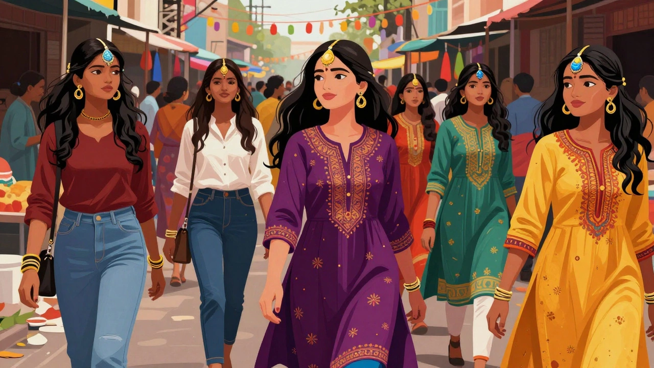 Young women in modern clothing wearing colorful bindis at a vibrant street festival.