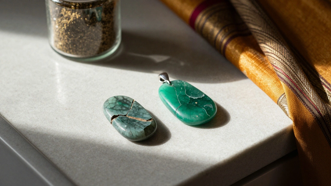 A cracked emerald next to a durable green onyx pendant on a kitchen counter, highlighting wear versus preservation.