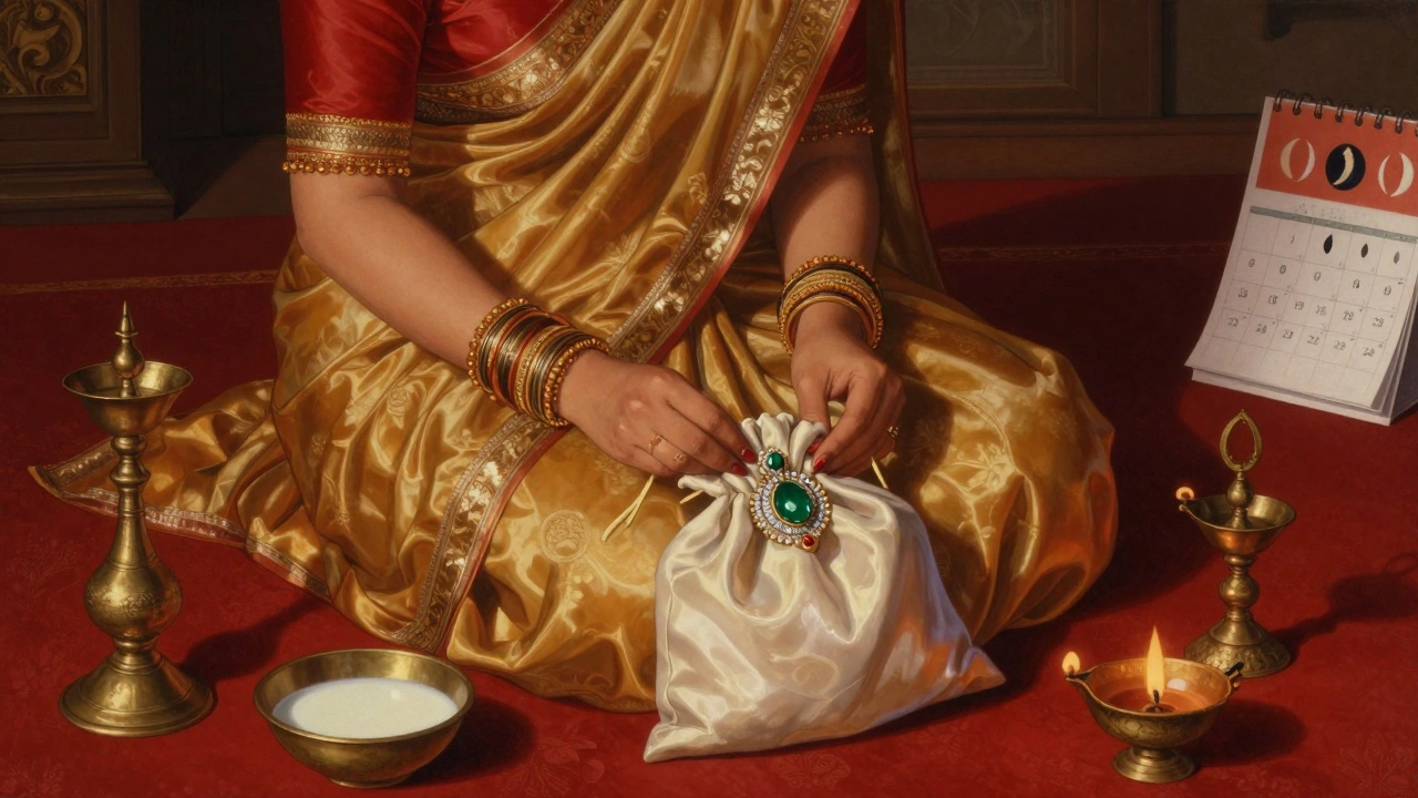 A woman gently storing temple emerald jewelry in a silk pouch beside oil lamps and a new moon calendar.