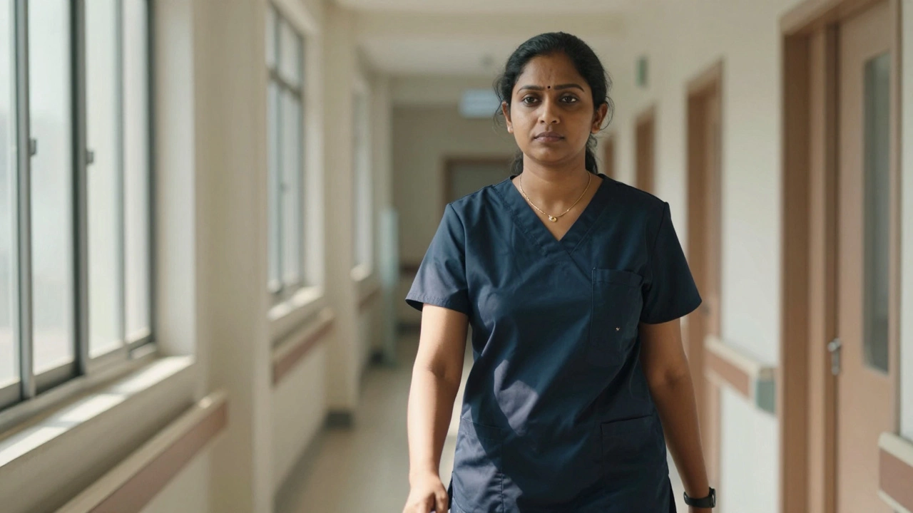 A woman in medical scrubs wearing a delicate gold mangalsutra as she walks through a hospital.