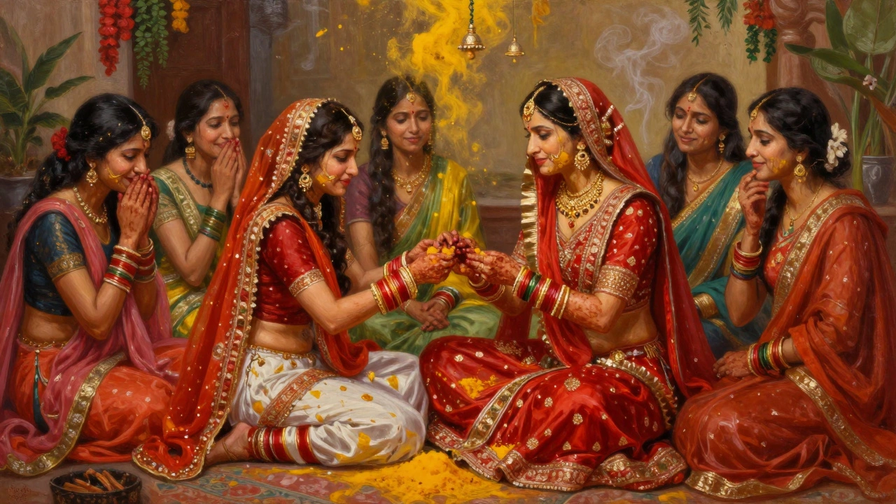 Bride surrounded by female relatives as a bangle is ceremonially broken in a sunlit wedding room.