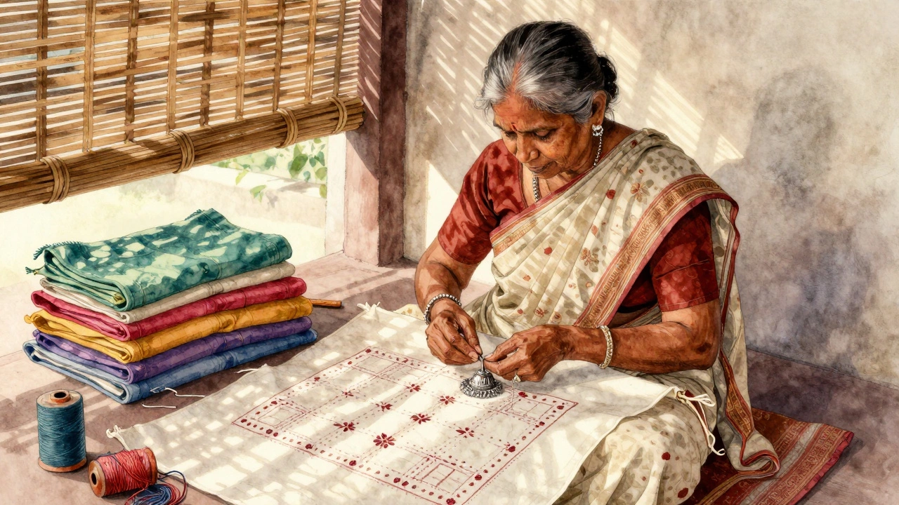 Elderly woman hand-stitching silver beads onto kantha fabric under a shaded veranda, surrounded by recycled saris.
