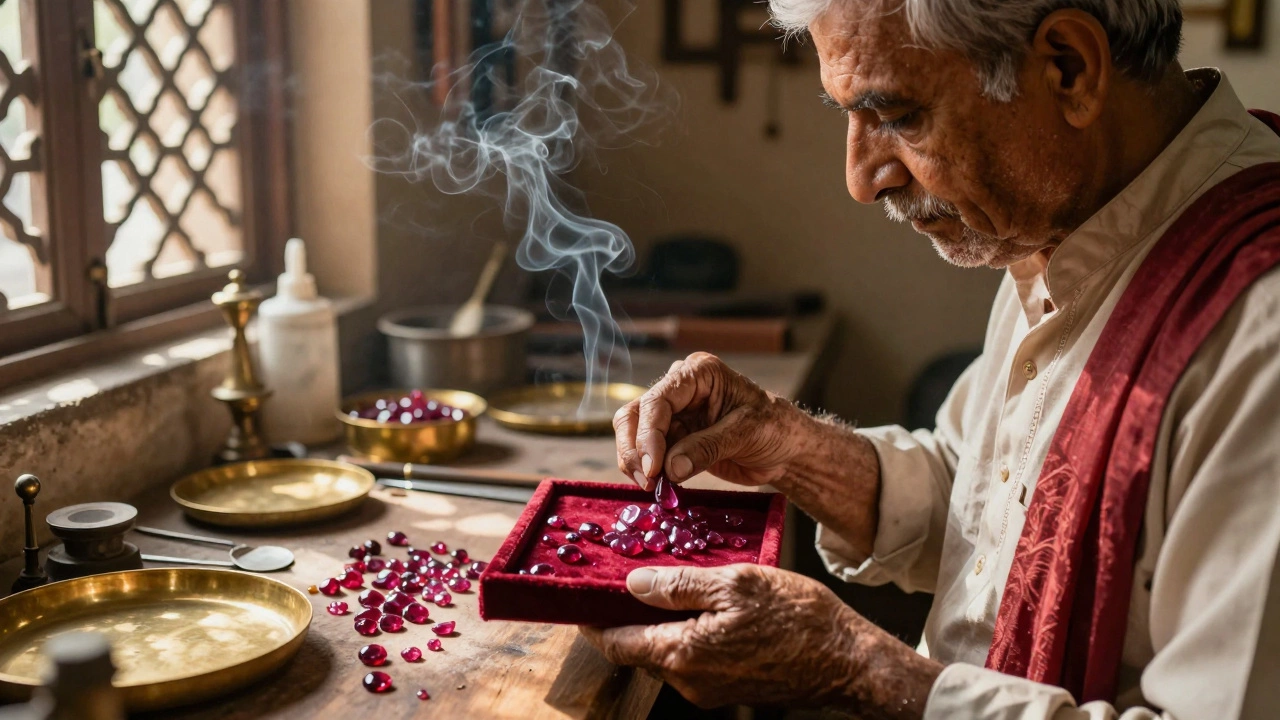 Jeweler choosing uncut rubies from an artisan's velvet tray in India