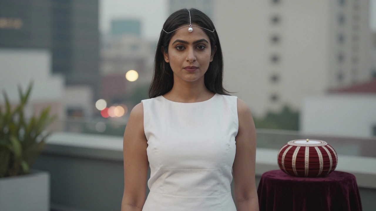 Modern woman wearing a minimalist silver maang tikka with a pearl pendant against a city backdrop.