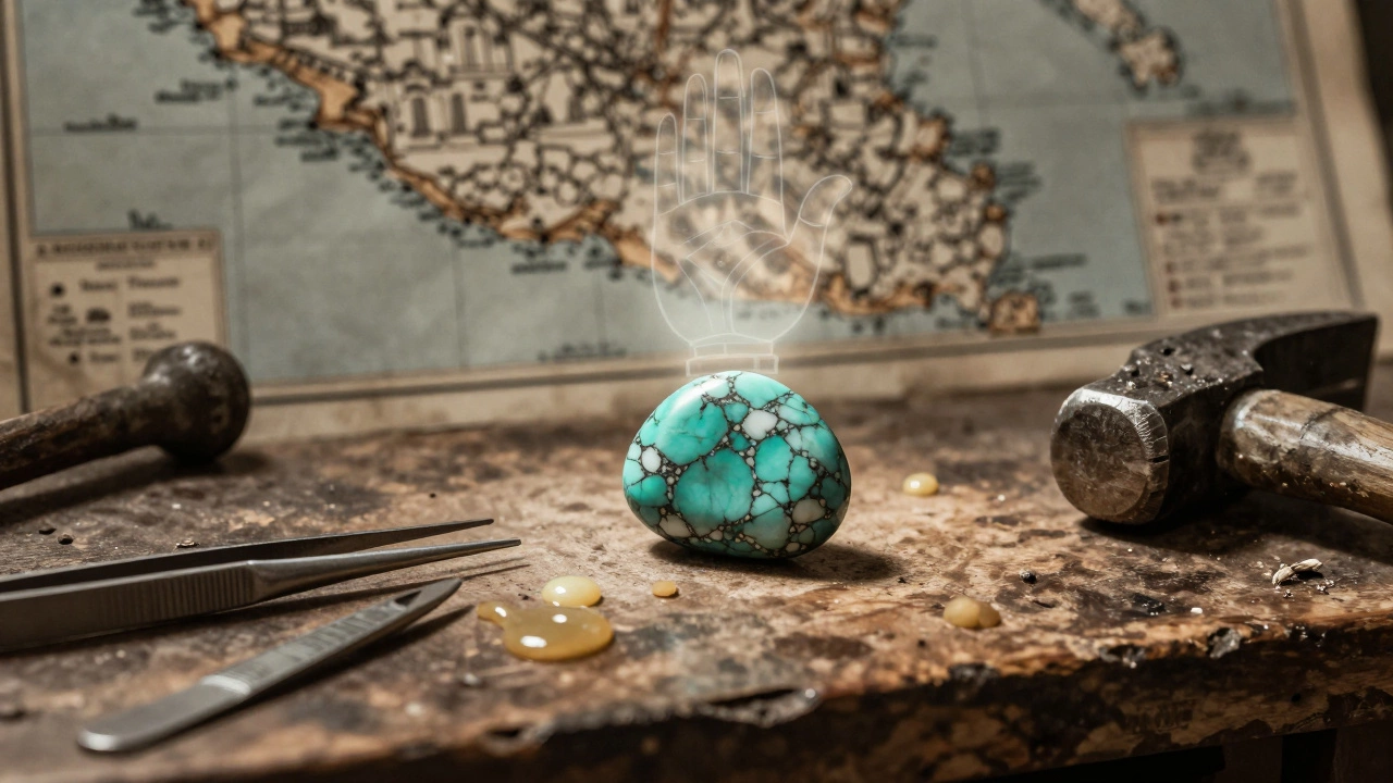 Persian turquoise stone on artisan’s bench with tools and faint map of Iran in background.