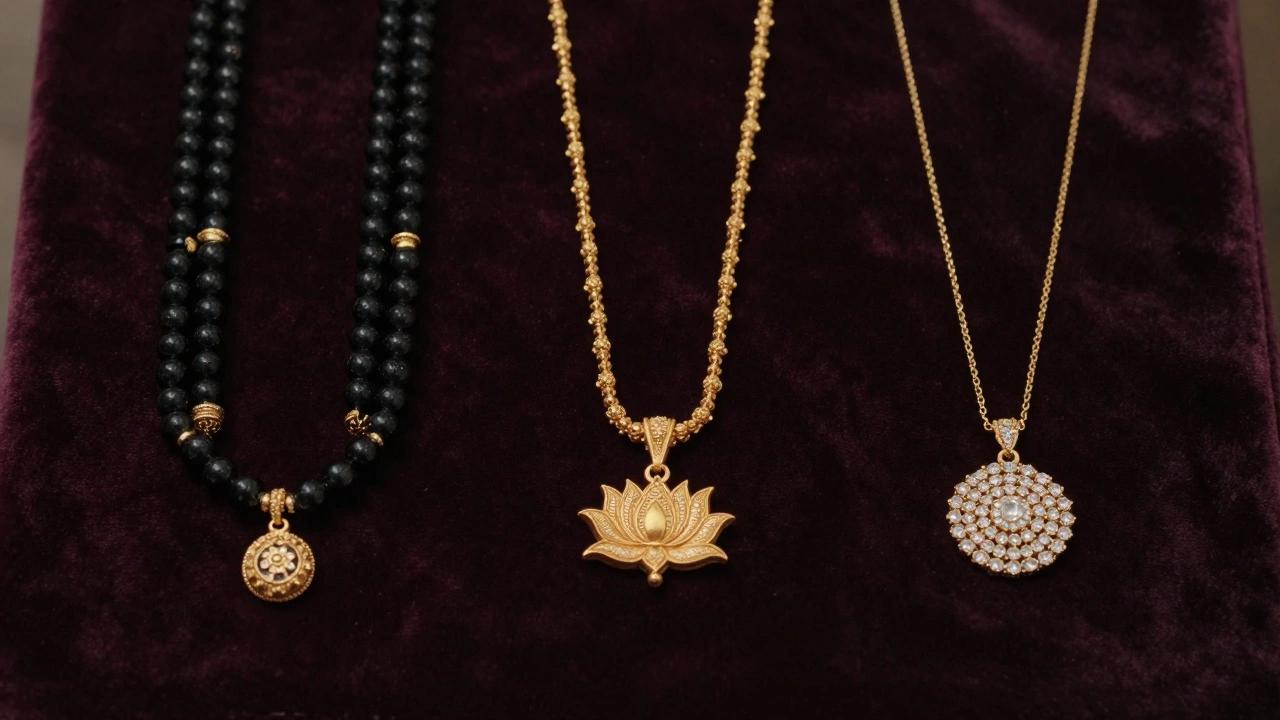 Three regional styles of mangalsutra necklaces displayed on velvet: black beads, temple pendant, and diamond pendant.