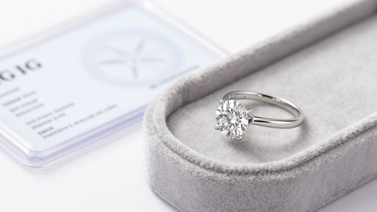 A 1-carat diamond ring with 14K gold setting resting on velvet beside its IGI certification report, glowing with brilliance.