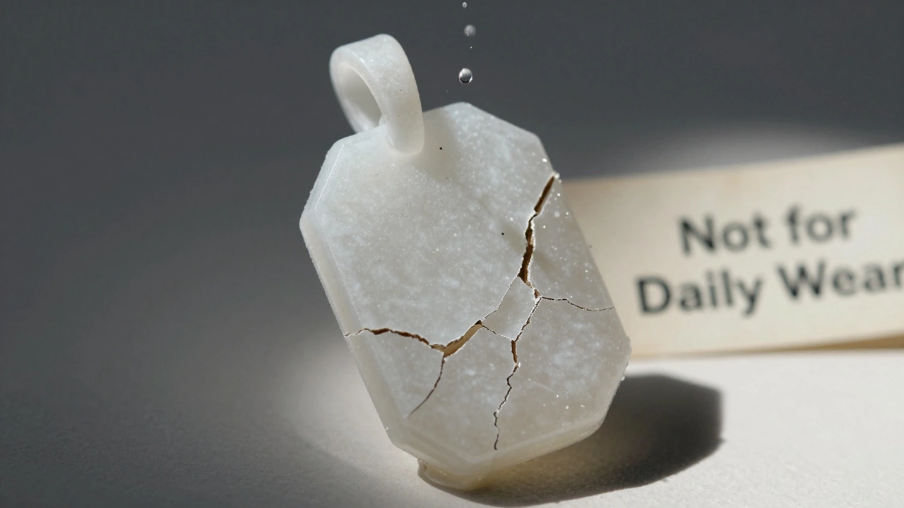 A cracked 3D printed pendant deteriorating in sunlight with sweat droplets.