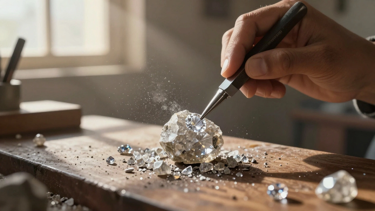 A skilled diamond cutter in Jaipur shaping a rough stone, with over half the material discarded as shards on the workbench.