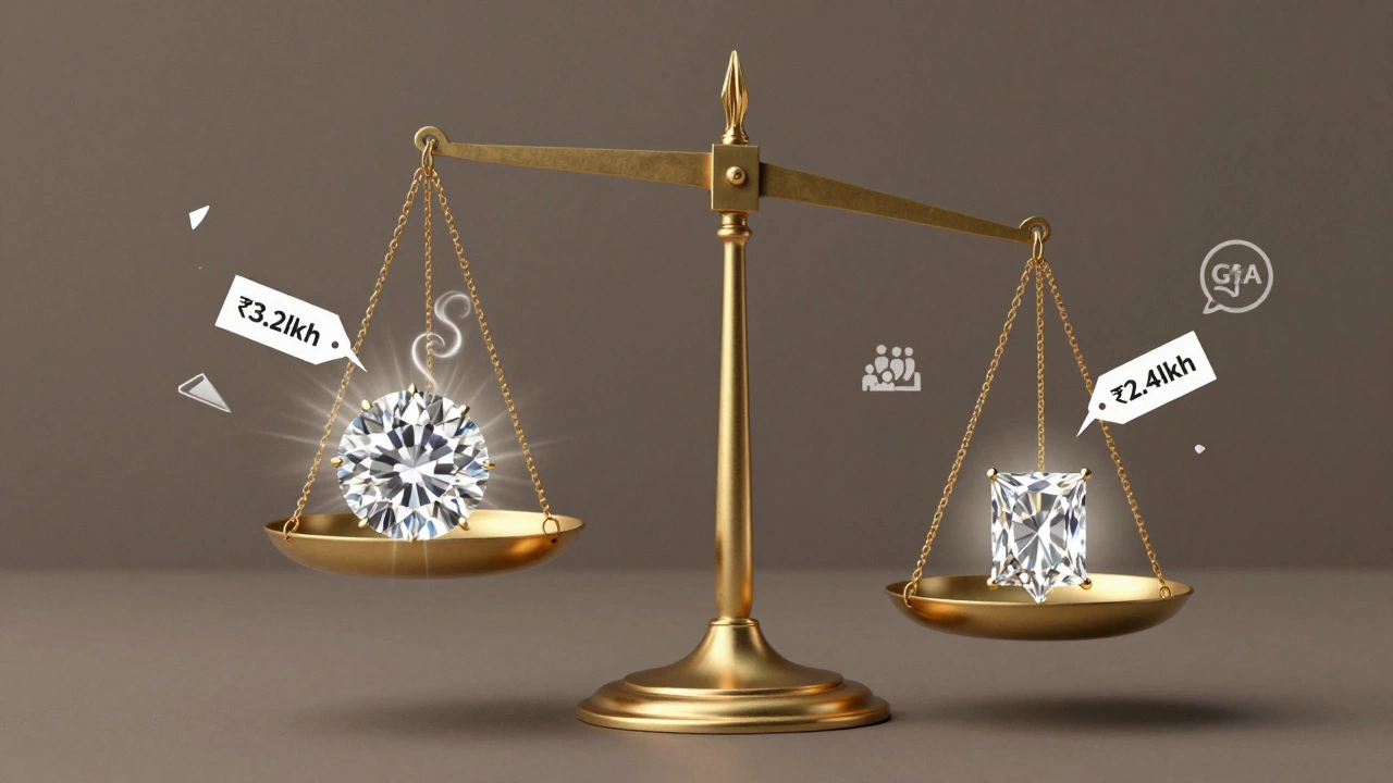 A symbolic balance scale comparing a round brilliant diamond to a princess cut, with light rays and waste icons representing price differences.