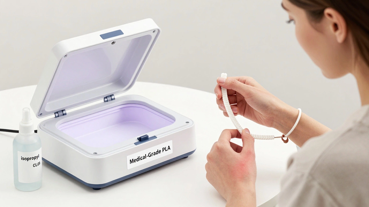 A woman testing a 3D printed bracelet on her wrist with a mild rash forming.