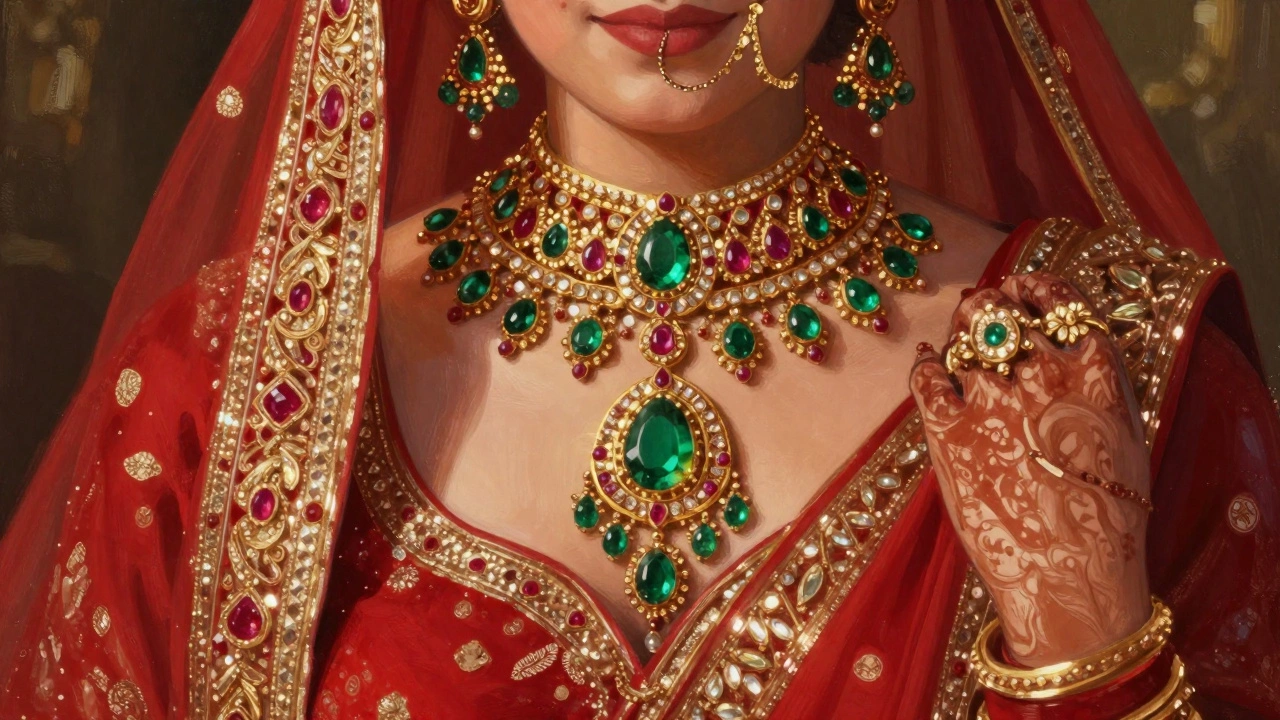 Bride wearing Kundan maang tikka with emerald and ruby gemstones
