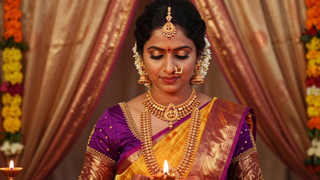 Bride wearing traditional Madurai temple jewelry during a wedding ceremony.