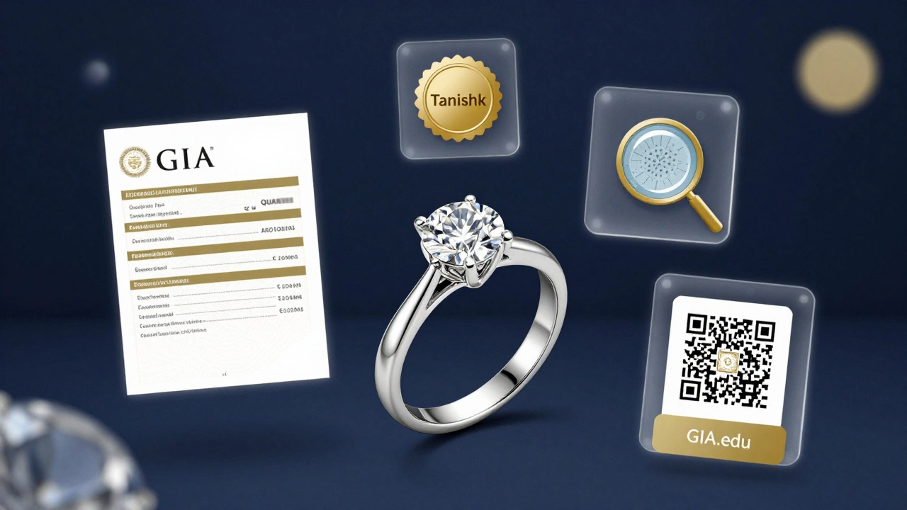 Floating diamond ring with GIA report, Tanishq Quantum seal, and verification QR code.