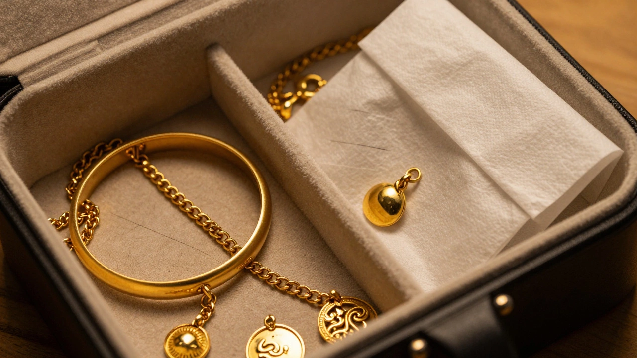 Gold jewelry pieces scratched together in a box, with one safely wrapped in tissue paper.