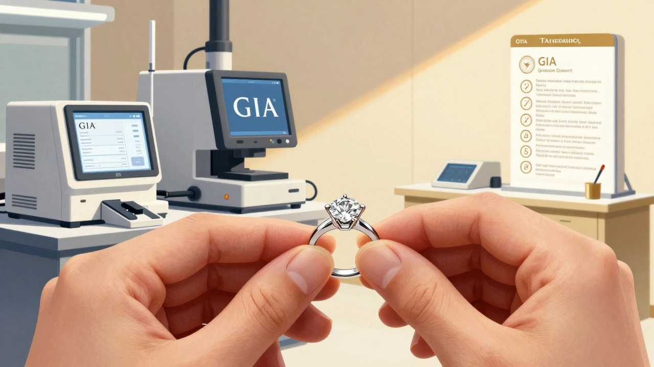 Jeweler setting a center diamond with GIA lab and Tanishq Quantum quality checks in background.