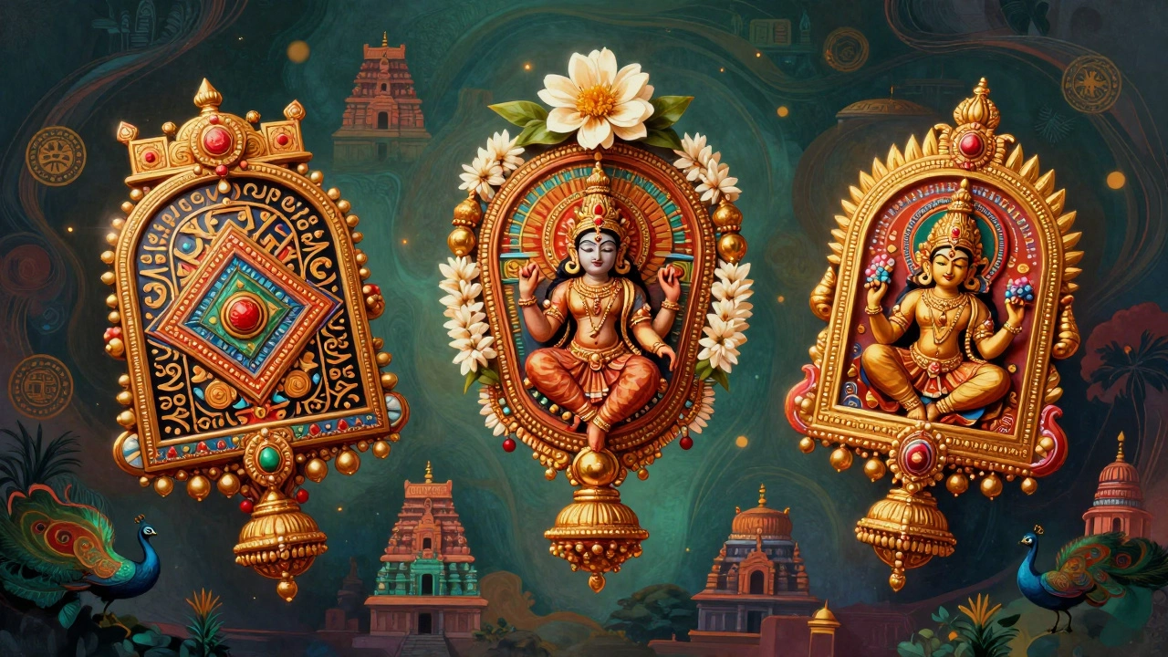 Three regional styles of temple jewelry floating with sacred motifs and temple patterns.