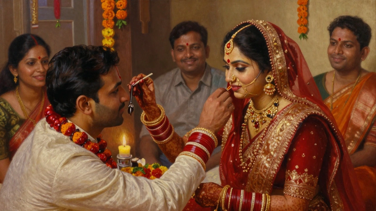 A bride receiving sindoor and wearing red bangles during a traditional Hindu wedding.
