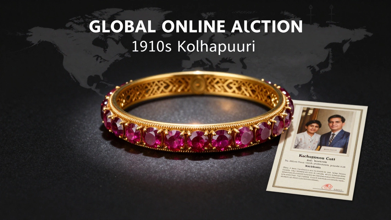 A rare Kolhapuri ruby bangle displayed with authenticity certificate and family photo.