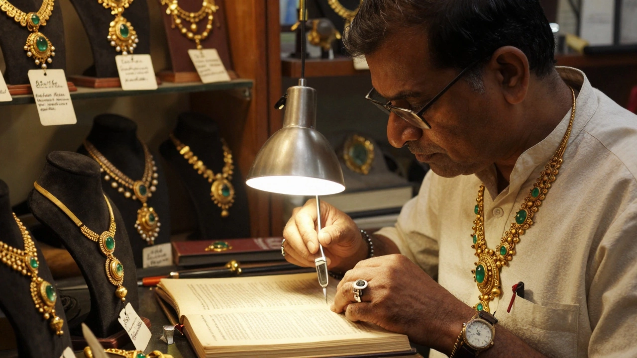 A specialist examining a kundan necklace under a lamp in a quiet Indian jewelry shop.