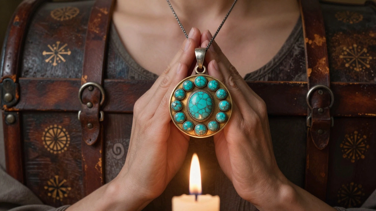 A woman gently pressing a Kardo pendant with uncut turquoise stones against her chest in quiet devotion.