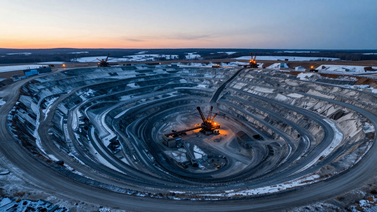 Aerial view of a large open-pit diamond mine with machinery in a snowy landscape.