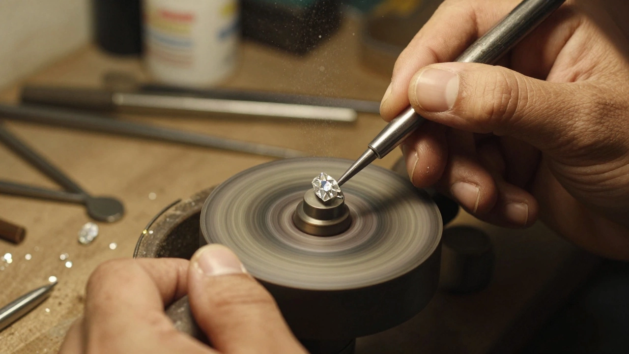 Close-up of artisan hands polishing a diamond on a rotating wheel in a workshop.