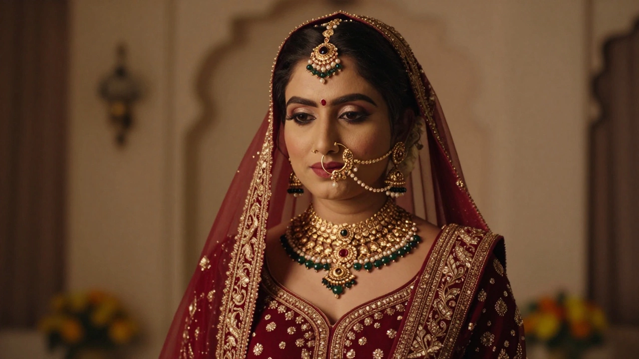 Indian bride wearing traditional gold nose ring on left side during ceremony