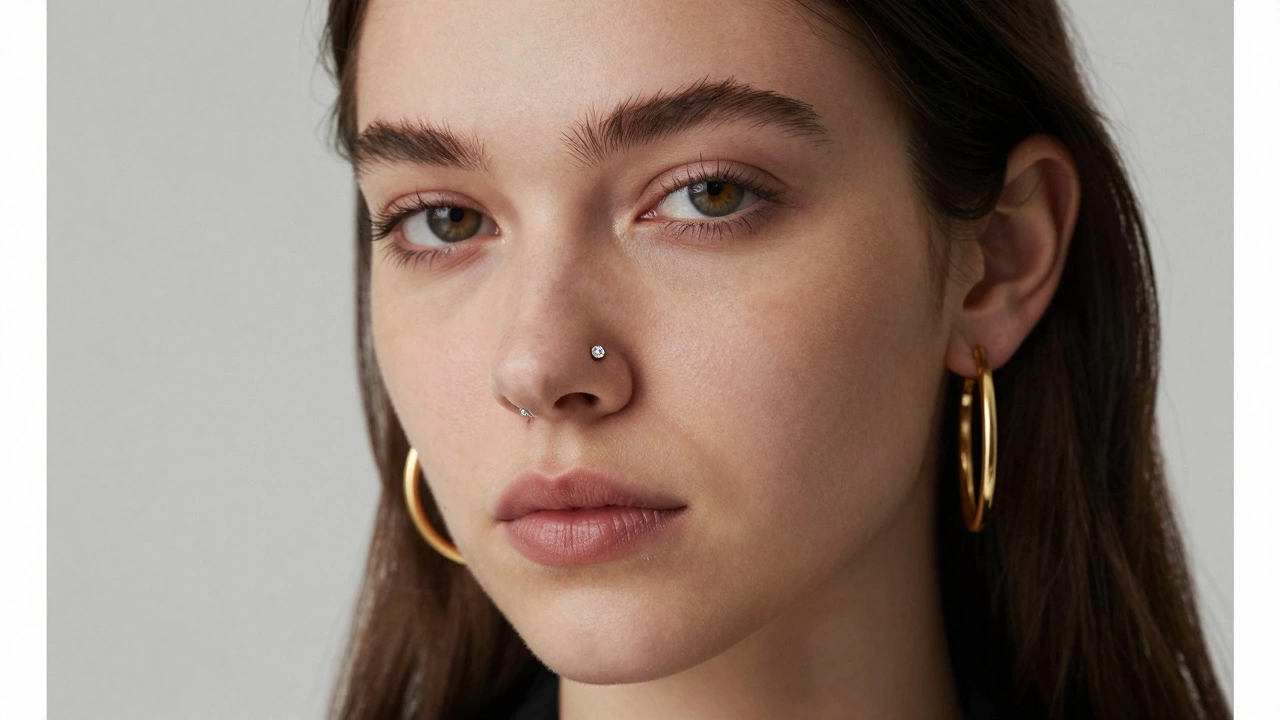 Modern woman displaying dual nose piercings with different jewelry pieces