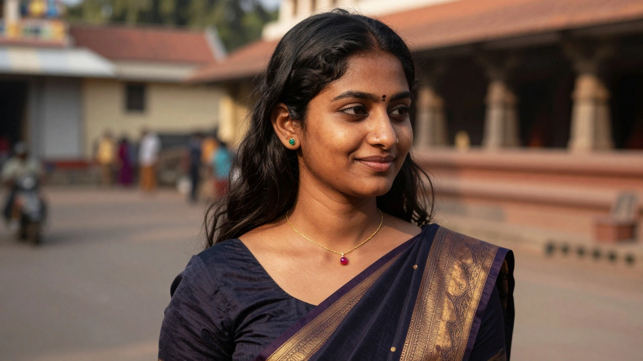 Modern woman wearing gold emerald studs and ruby pendant in a temple courtyard, golden hour light.